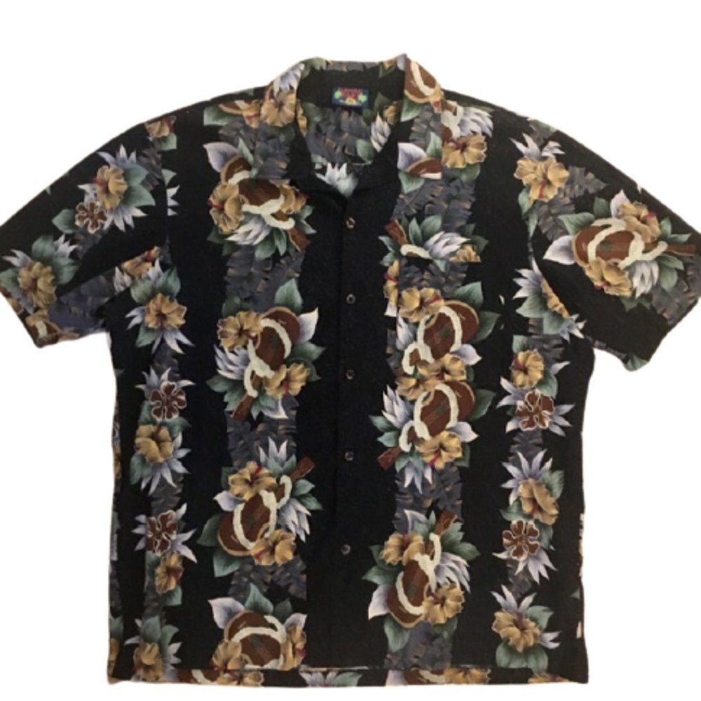 Hawaii Blues Shirt Vintage 90s Floral Ukeleles Cotton XL